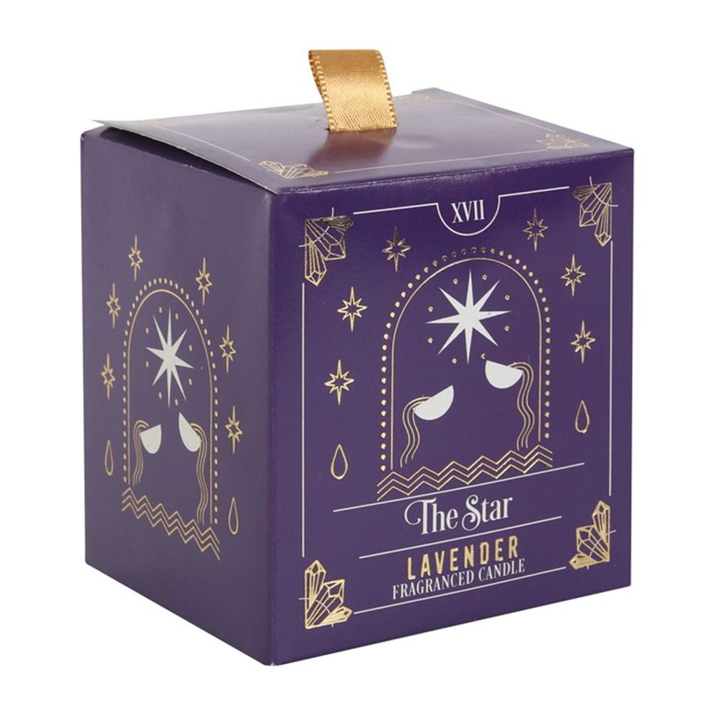 The Star Lavender Tarot Candle Presented in a purple glass jar with a metallic gold lid, this lavender scented candle looks just as amazing as it smells. The candle has a tarot design of 'The Star' card giving it a mystical style. Free UK delivery by Fandomonium