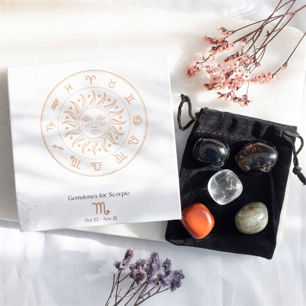 Scorpio Crystal Tumblestone Set This stunning set of five crystal tumblestones are perfect for the strong, enigmatic and brave Scorpio. Free UK delivery from Fandomonium