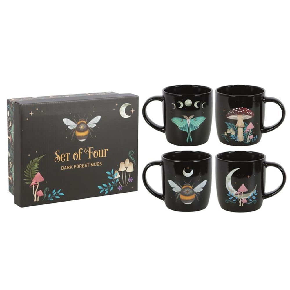 Set of 4 Dark Forest Mugs This set of four mugs is perfect for anyone who wants to fill their home with practical yet distinctive pieces which bring joy when used. Featuring a different design including a luna moth, toadstools and a bee, each design is accented with moon and star details adding a touch of celestial wonder. Presented in a matching box, this set of mugs makes a perfect gift. Free UK delivery from Fandomonium
