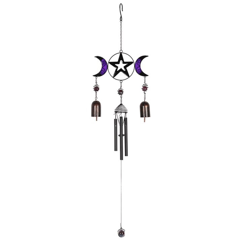 Triple Moon Windchime with Bells This stunning glass, metal and resin windchime features a lovely triple moon design in black and purple. Hang in a sunny spot to catch the breeze and allow the sunlight to shine through. Free UK Delivery With Fandomonium