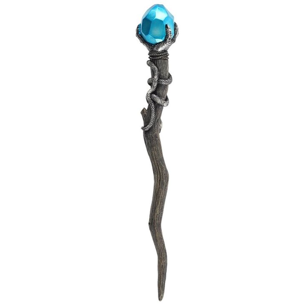 Silver Claw Wand with Blue Gem This 24cm resin wand features a molded, pearlescent blue gem held by a silver claw. With a slithering snake and pentagram symbol carved into a tree branch-effect stem, this magic wand is a necessity for any witch or wizard's collection. Free delivery by Fandomonium