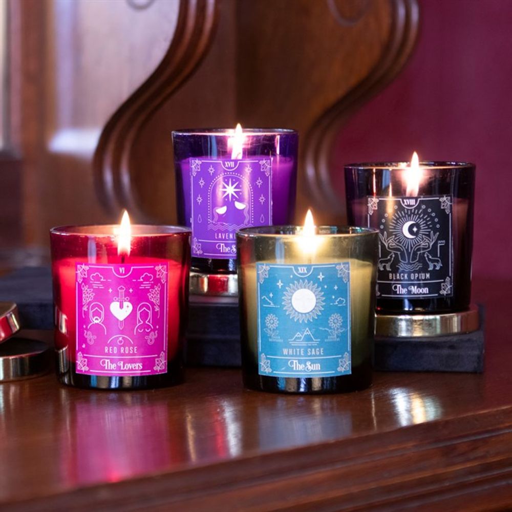 The Star Lavender Tarot Candle Presented in a purple glass jar with a metallic gold lid, this lavender scented candle looks just as amazing as it smells. The candle has a tarot design of 'The Star' card giving it a mystical style. Free UK delivery by Fandomonium
