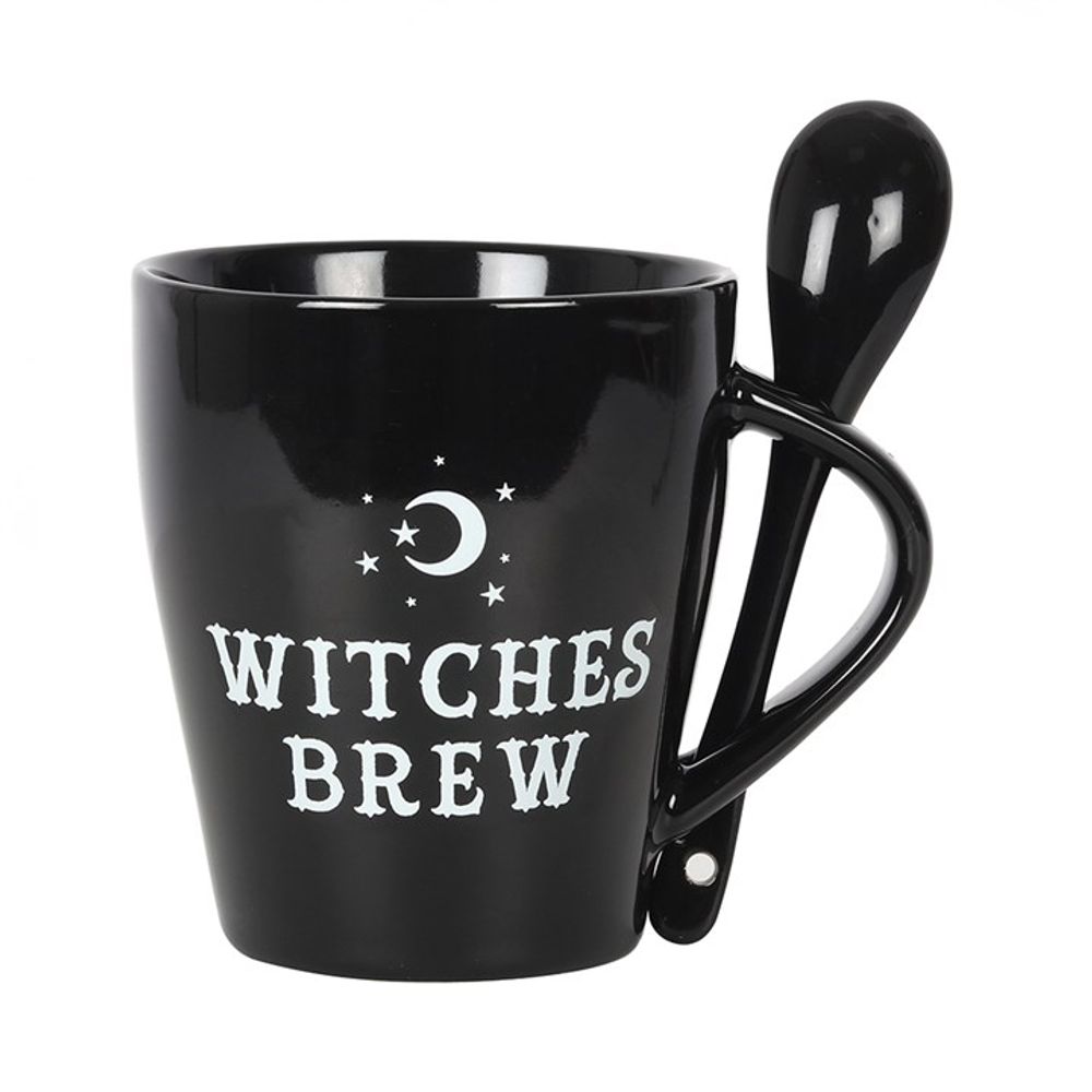 Witches Brew Ceramic Mug and Spoon Set This bewitching ceramic mug and spoon set will add a pinch of magic to every cuppa. Style features 'Witches Brew' text and matching teaspoon with a mystical moon and star design that fits perfectly in a slotted handle. Free UK Delivery by Fandomonium
