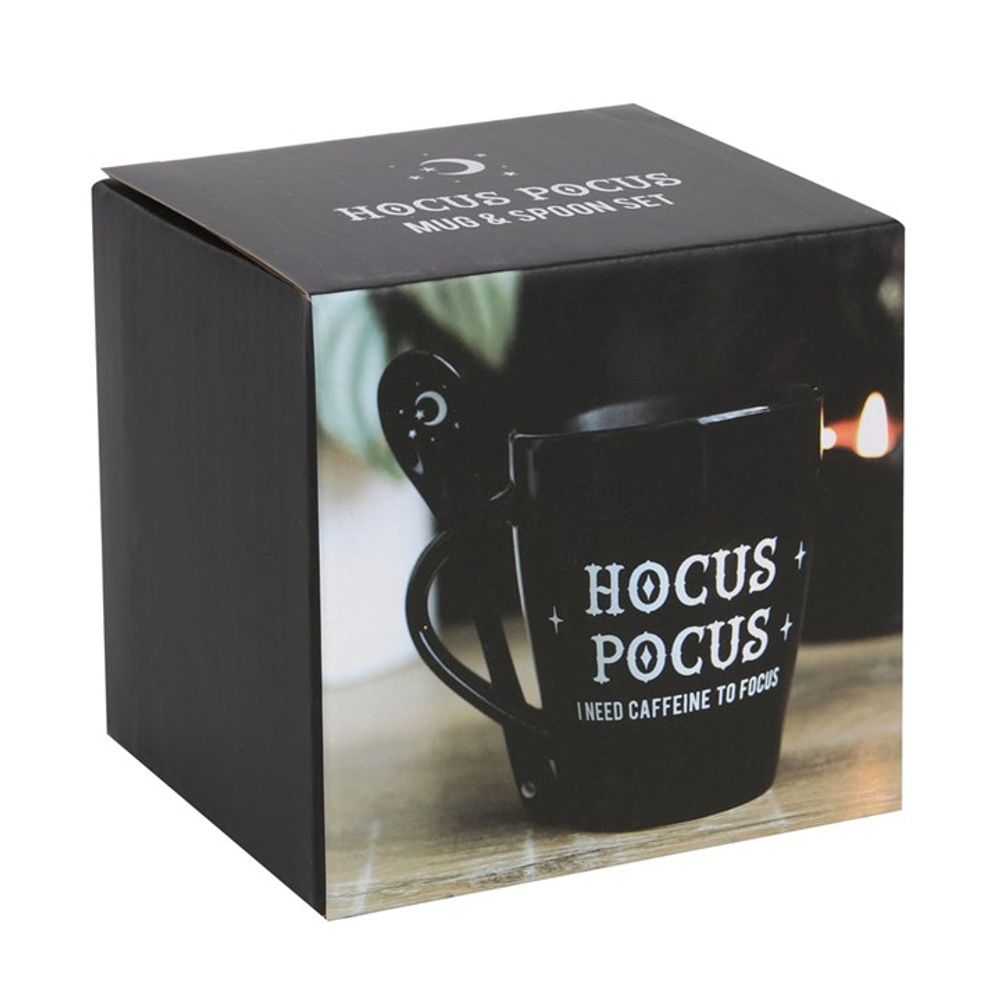 Hocus Pocus Mug and Spoon Set Black ceramic mug and spoon set with a 'Hocus Pocus I Need Caffeine to Focus' design. Free UK delivery by Fandomonium