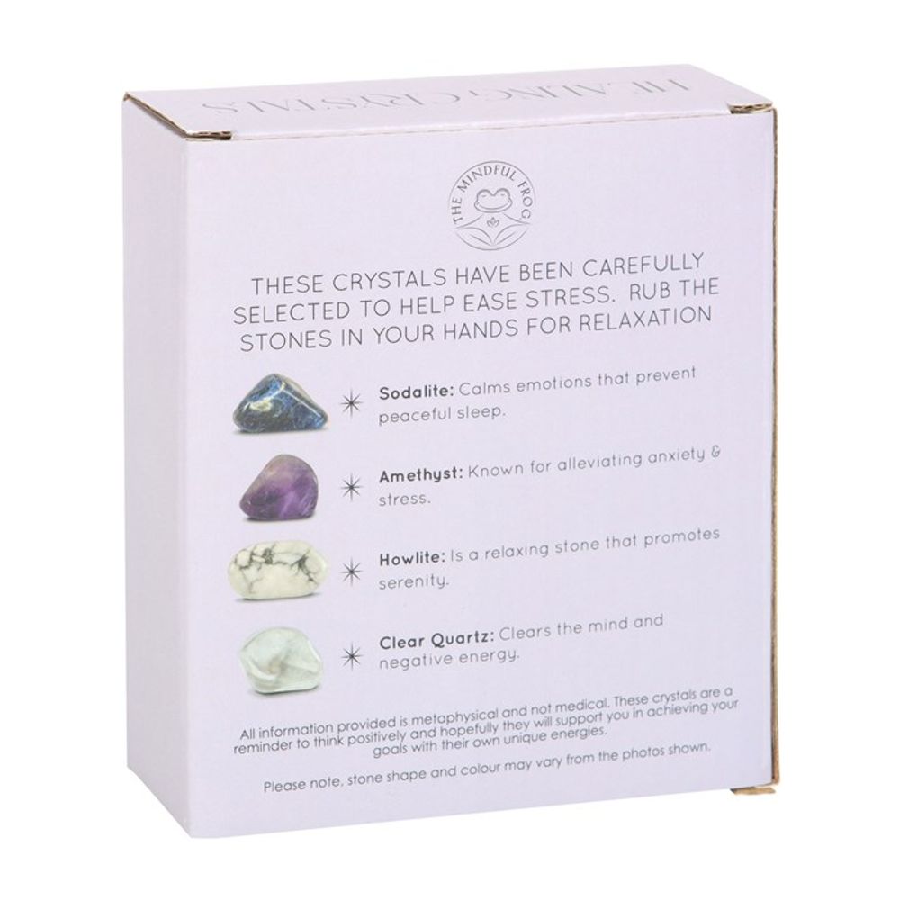 Stress Healing Crystal Set with Moon Trinket Dish This stunning set of healing crystals comes with four crystal tumblestones to help reduce stress, ease anxiety and promote restful sleep. Includes a crescent moon trinket dish, matching information card and a printed drawstring, making this a meaningful gift for those in need of some extra care. Stones include; sodalite, amethyst, howlite and clear quartz. Free UK delivery by Fandomonium