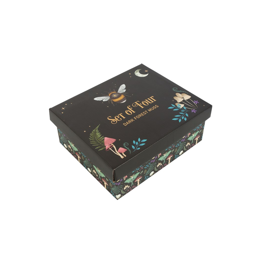 Set of 4 Dark Forest Mugs This set of four mugs is perfect for anyone who wants to fill their home with practical yet distinctive pieces which bring joy when used. Featuring a different design including a luna moth, toadstools and a bee, each design is accented with moon and star details adding a touch of celestial wonder. Presented in a matching box, this set of mugs makes a perfect gift. Free UK delivery from Fandomonium