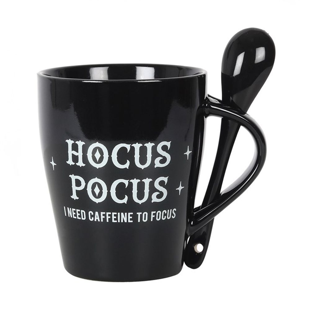 Hocus Pocus Mug and Spoon Set Black ceramic mug and spoon set with a 'Hocus Pocus I Need Caffeine to Focus' design. Free UK delivery by Fandomonium