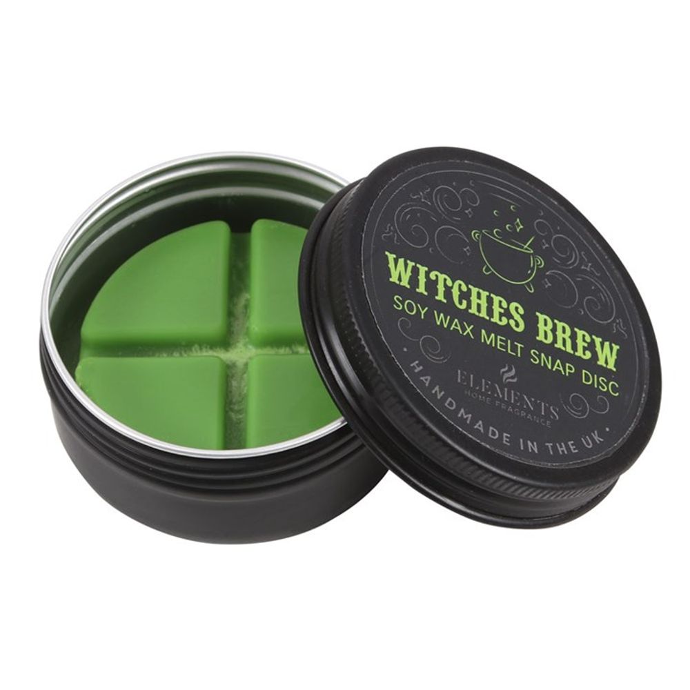 Witches Brew Soy Wax Snap Disc This Witches Brew wax melt tin from our Gothic home fragrance range comes in a new, easy-to-use disc form. Each 25g disc is divided into 4 sections for up to 45 hours of long-lasting fragrance. This sweet explosion of hazelnut and praline is sure to put you under its spell. Free UK delivery with Fandomonium
