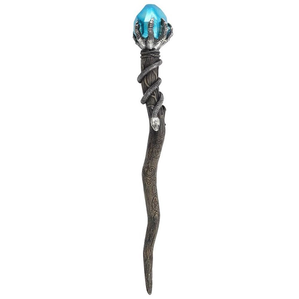 Silver Claw Wand with Blue Gem This 24cm resin wand features a molded, pearlescent blue gem held by a silver claw. With a slithering snake and pentagram symbol carved into a tree branch-effect stem, this magic wand is a necessity for any witch or wizard's collection. Free delivery by Fandomonium