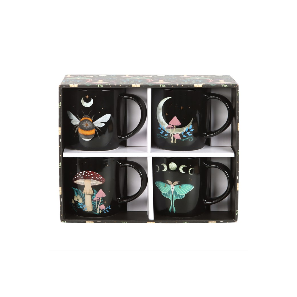 Set of 4 Dark Forest Mugs This set of four mugs is perfect for anyone who wants to fill their home with practical yet distinctive pieces which bring joy when used. Featuring a different design including a luna moth, toadstools and a bee, each design is accented with moon and star details adding a touch of celestial wonder. Presented in a matching box, this set of mugs makes a perfect gift. Free UK delivery from Fandomonium