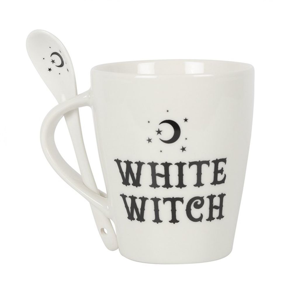 White Witch Mug and Spoon Set This bewitching ceramic mug and spoon set will add a pinch of magic to every cuppa. Style features 'White Witch' text and matching teaspoon with a mystical moon and star design that fits perfectly in a slotted handle.