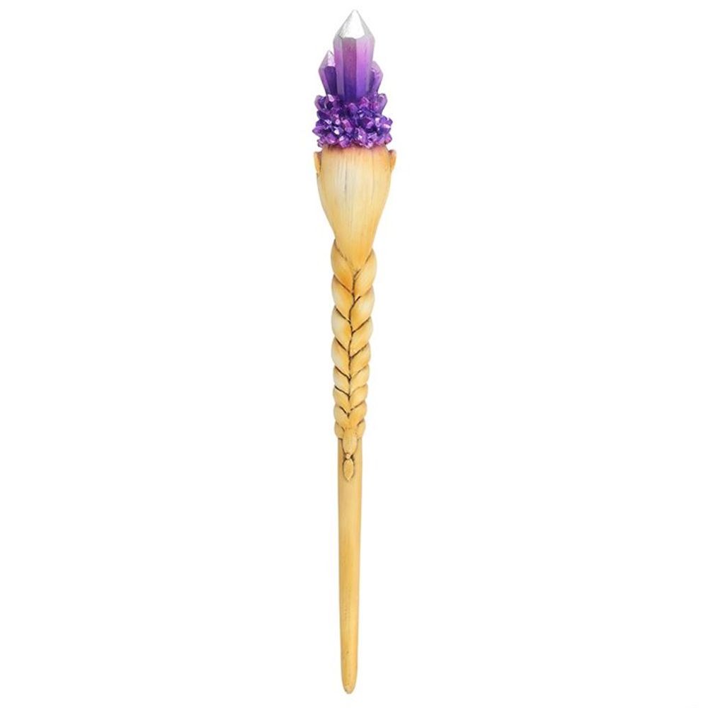 Purple Crystal Goddess Wand This stunning resin wand features a pearlescent, purple crystal cluster atop the head of a serene goddess. With a braided stem details and beautiful design, this wand is fit for a queen. Please note that this wand is not a toy and should be handled with care. Free UK delivery by Fandomonium