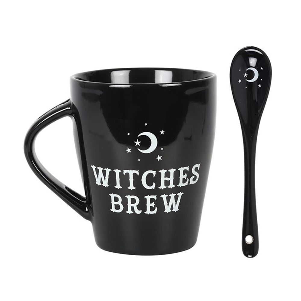 Witches Brew Ceramic Mug and Spoon Set This bewitching ceramic mug and spoon set will add a pinch of magic to every cuppa. Style features 'Witches Brew' text and matching teaspoon with a mystical moon and star design that fits perfectly in a slotted handle. Free UK Delivery by Fandomonium