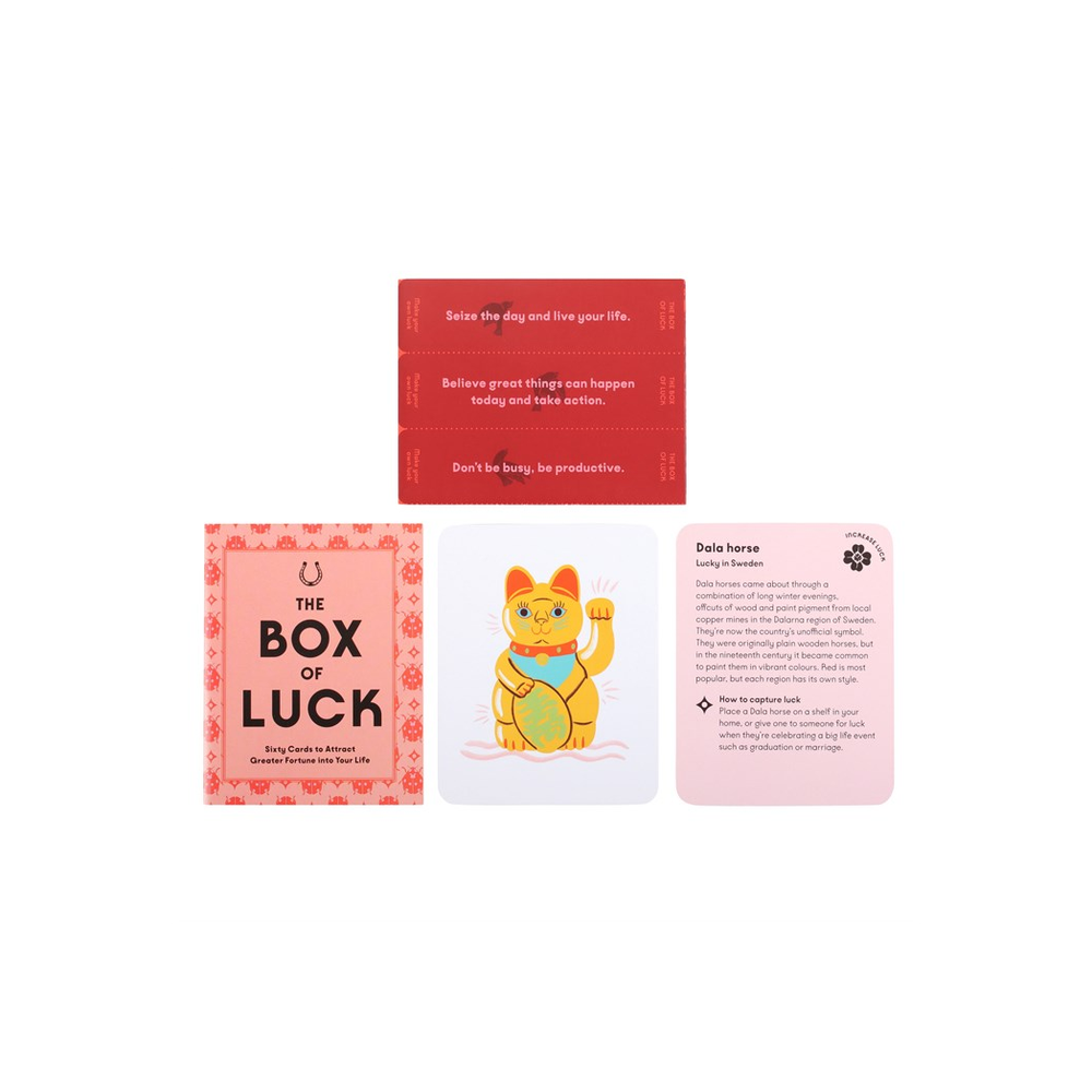 The Box of Luck Tarot Cards Worried about an interview? Want to ace a presentation? Or perhaps you've got the jitters about a first date? Let The Box of Luck help you attract greater fortune and positive energy into your life with 60 good luck symbols from all around the world. Invite more luck into your life or gift good fortune to a friend with this beautifully packaged boxed set of cards, complete with booklet and lucky fortunes. Free UK delivery from Fandomonium