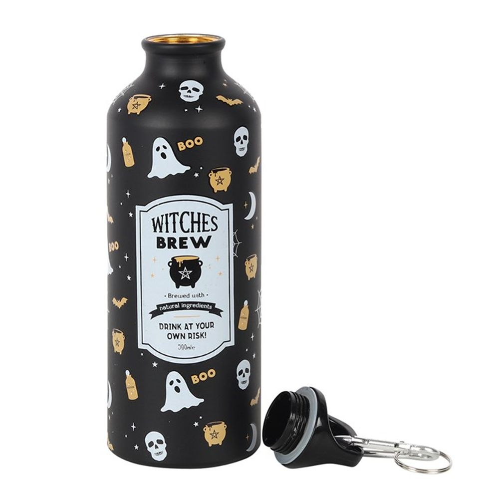Witches Brew Reusable Metal Water Bottle Even witches need to keep hydrated! This metal water bottle makes a great, eco-friendly replacement for plastic and features a screw-top lid and convenient clip for taking on the go. Designed with a fun Halloween print and vintage-inspired 'Witches Brew' illustration that is truly bewitching. 