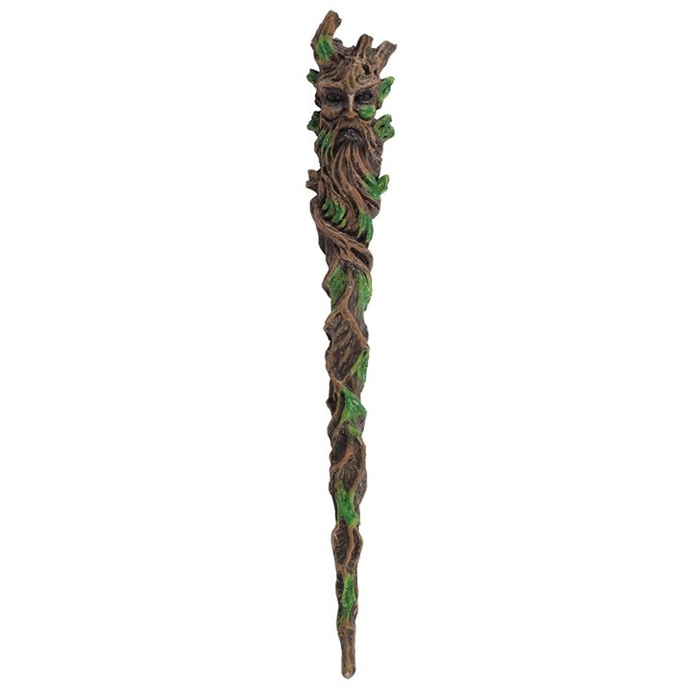 Man of the Wood Wand This intricately moulded resin wands features a detailed Man of the Wood design accented with green leaves and twisting branches. Perfect for natural witches and wizards that love the mythology behind the popular Green Man. Free UK delivery by Fandomonium
