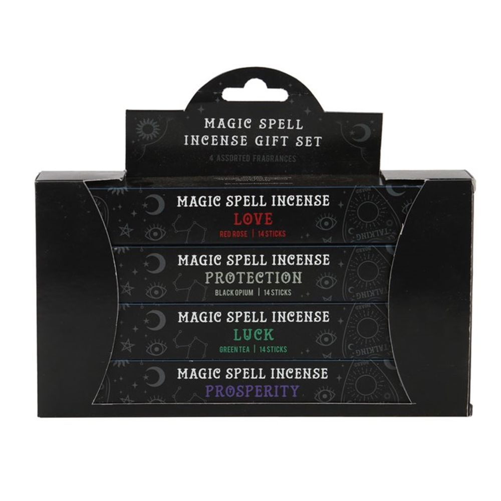 Magic Spell Incense Gift Set Great for accompanying spell work and altars, this magic spell incense gift set includes 4 individual packs of incense sticks for Love, Protection, Prosperity and Luck. The perfect gift fit for any witch!
