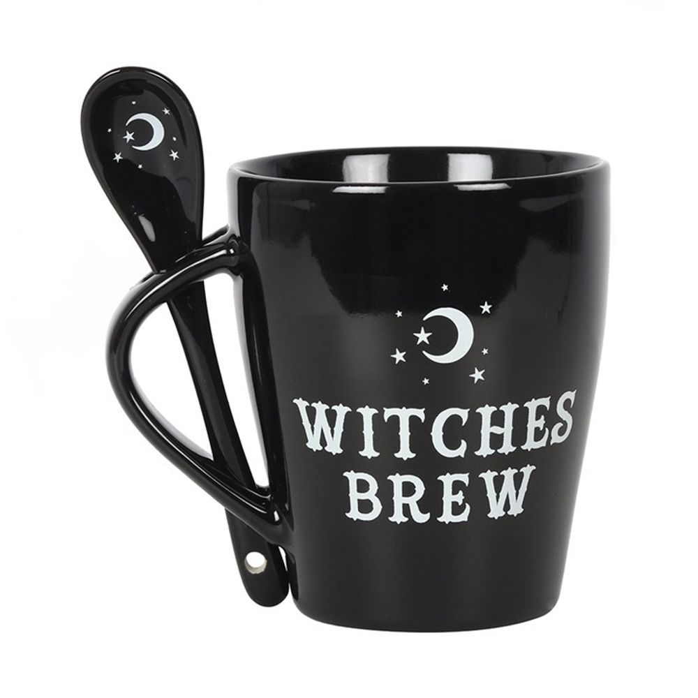 Witches Brew Ceramic Mug and Spoon Set This bewitching ceramic mug and spoon set will add a pinch of magic to every cuppa. Style features 'Witches Brew' text and matching teaspoon with a mystical moon and star design that fits perfectly in a slotted handle. Free UK Delivery by Fandomonium