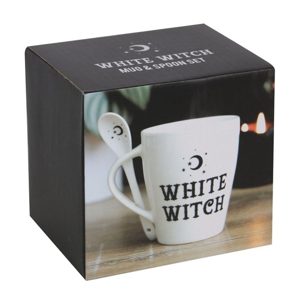 White Witch Mug and Spoon Set This bewitching ceramic mug and spoon set will add a pinch of magic to every cuppa. Style features 'White Witch' text and matching teaspoon with a mystical moon and star design that fits perfectly in a slotted handle.