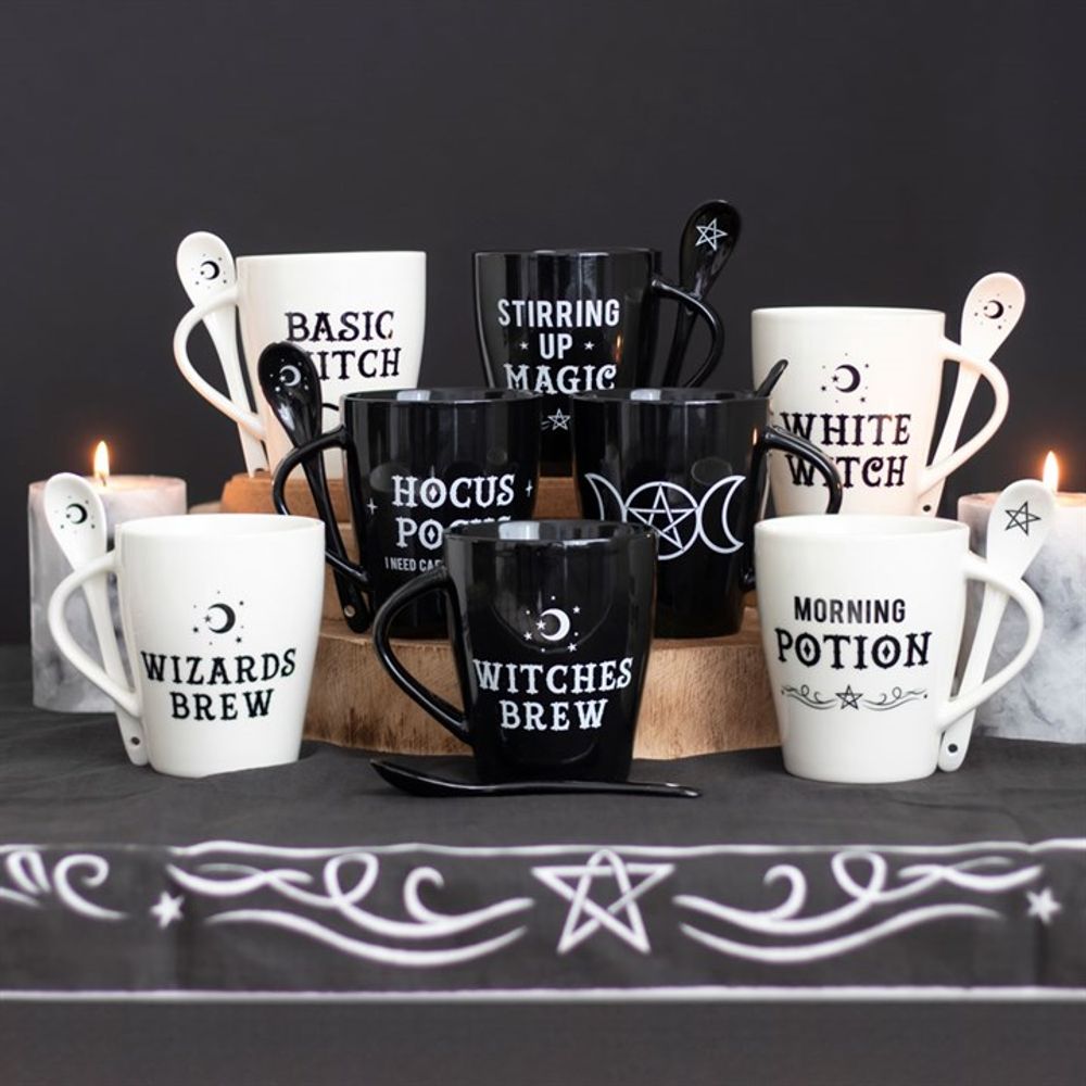 Witches Brew Ceramic Mug and Spoon Set This bewitching ceramic mug and spoon set will add a pinch of magic to every cuppa. Style features 'Witches Brew' text and matching teaspoon with a mystical moon and star design that fits perfectly in a slotted handle. Free UK Delivery by Fandomonium