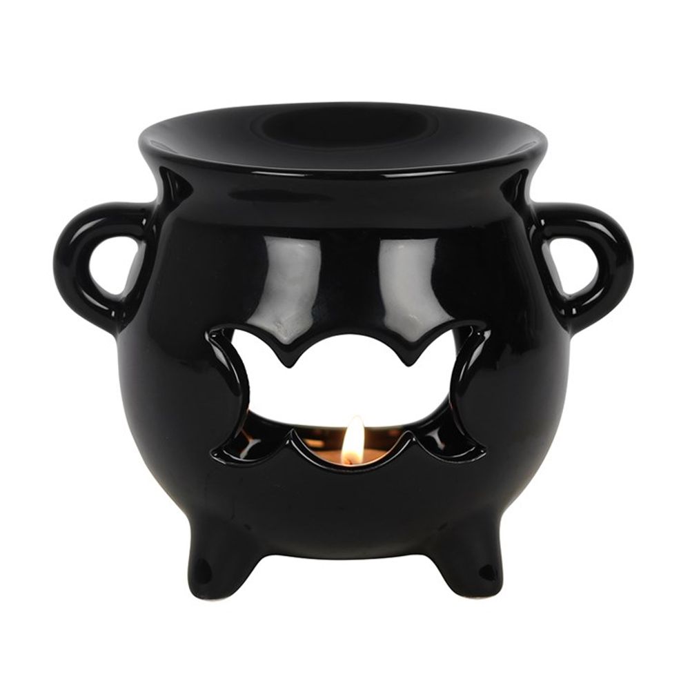 Triple Moon Cauldron Oil Burner Glossy black cauldron-shaped ceramic oil burner with a triple moon cut-out design. A fantastic gift for any of your coven. Free UK delivery by Fandomonium