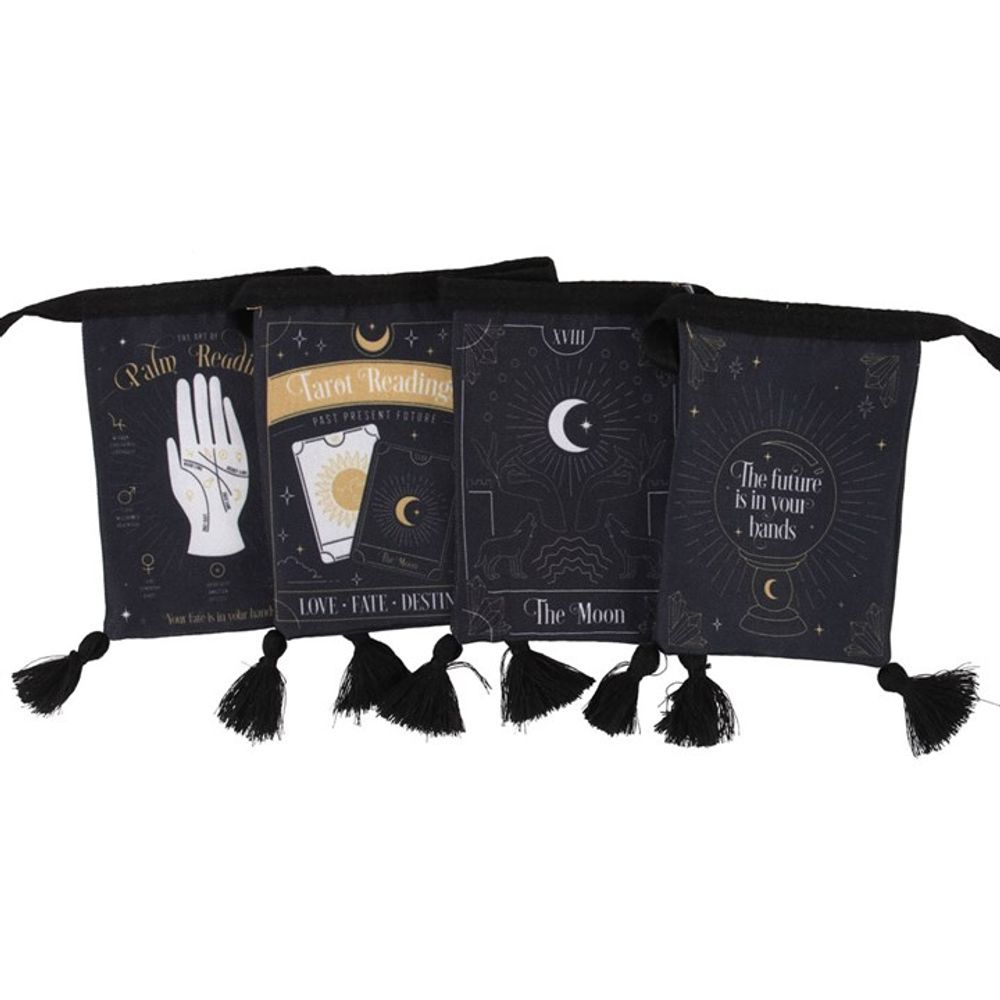 Small Fortune Teller Fabric Bunting Black bunting featuring a contemporary fortune teller inspired design with metallic gold accents. Perfect for creating a mystical ambience wherever it's hung. Free UK delivery by Fandomonium