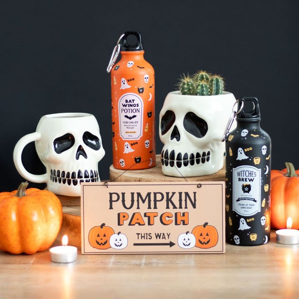 Witches Brew Reusable Metal Water Bottle Even witches need to keep hydrated! This metal water bottle makes a great, eco-friendly replacement for plastic and features a screw-top lid and convenient clip for taking on the go. Designed with a fun Halloween print and vintage-inspired 'Witches Brew' illustration that is truly bewitching. 