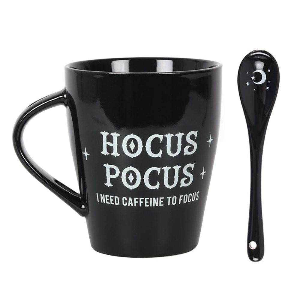 Hocus Pocus Mug and Spoon Set Black ceramic mug and spoon set with a 'Hocus Pocus I Need Caffeine to Focus' design. Free UK delivery by Fandomonium