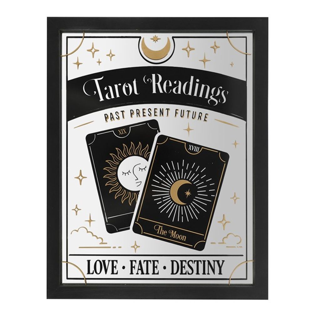 Tarot Readings Mirrored Wall Hanging This mirrored wall hanging is sure to add mystery and whimsy to any trendy home. A mystical tarot card design is accented by gold foil, celestial details and tarot reading text. A truly magical piece to hang on a gallery wall. Free UK delivery by Fandomonium
