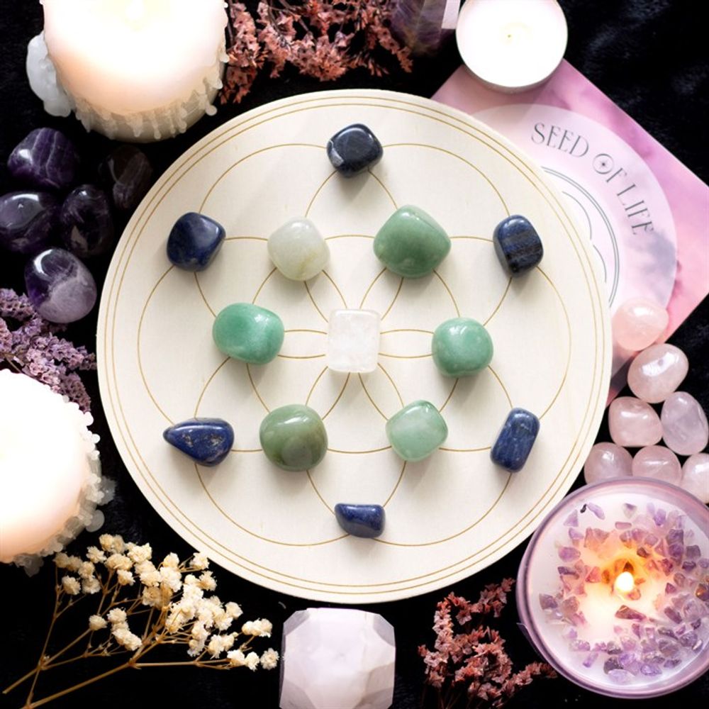 Seed of Life Crystal Grid Set Practice the spiritual art of amplifying energies with this lovely crystal grid set. The Seed of Life is a geometric pattern widely recognised as a visual representation of the universe. This set includes everything needed to arrange your own crystal grid for attracting abundance, prosperity and success. Free UK delivery by Fandomnium