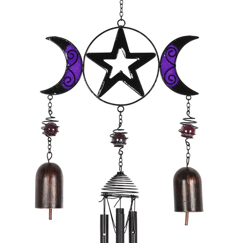 Triple Moon Windchime with Bells This stunning glass, metal and resin windchime features a lovely triple moon design in black and purple. Hang in a sunny spot to catch the breeze and allow the sunlight to shine through. Free UK Delivery With Fandomonium