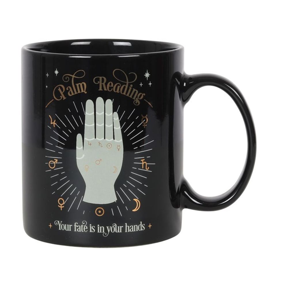 Palm Reading Mug Stylish black mug with a stunning mystical fortune telling design, metallic gold details and the words 'Your fate is in your hands'. Free UK delivery by Fandomonium