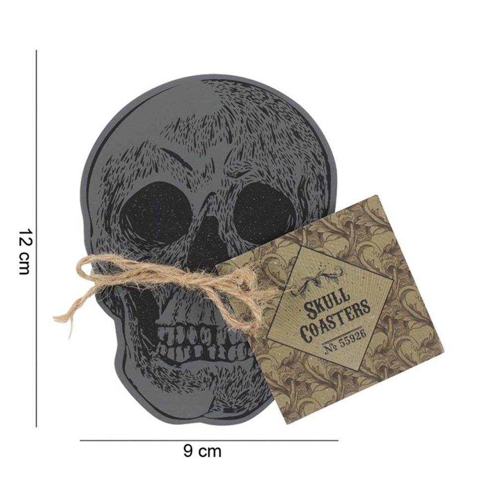 Set Of 4 Skull Coasters Protect your prized furniture in style with this set of four skull coasters. Made from MDF with a printed surface, the coasters can easily be wiped clean. Free UK delivery by Fandomonium