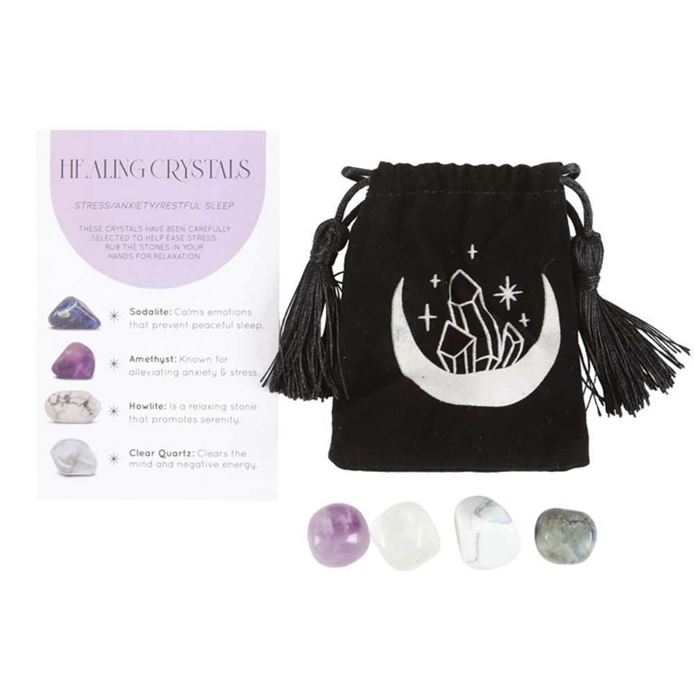 Stress Healing Crystal Set with Moon Trinket Dish This stunning set of healing crystals comes with four crystal tumblestones to help reduce stress, ease anxiety and promote restful sleep. Includes a crescent moon trinket dish, matching information card and a printed drawstring, making this a meaningful gift for those in need of some extra care. Stones include; sodalite, amethyst, howlite and clear quartz. Free UK delivery by Fandomonium