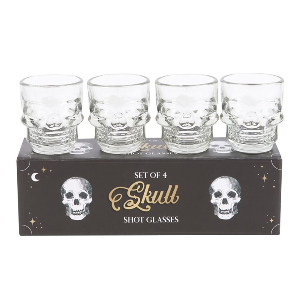 Set of 4 Skull Shot Glasses Set Raise a glass to the extraordinary with these unforgettable shot glasses with a unique skull design. Whether as a gift for a friend who loves unique glassware or as an addition to your own collection of unique barware, these skull shot glasses are sure to be favoured pieces. Free UK delivery by Fandomonium