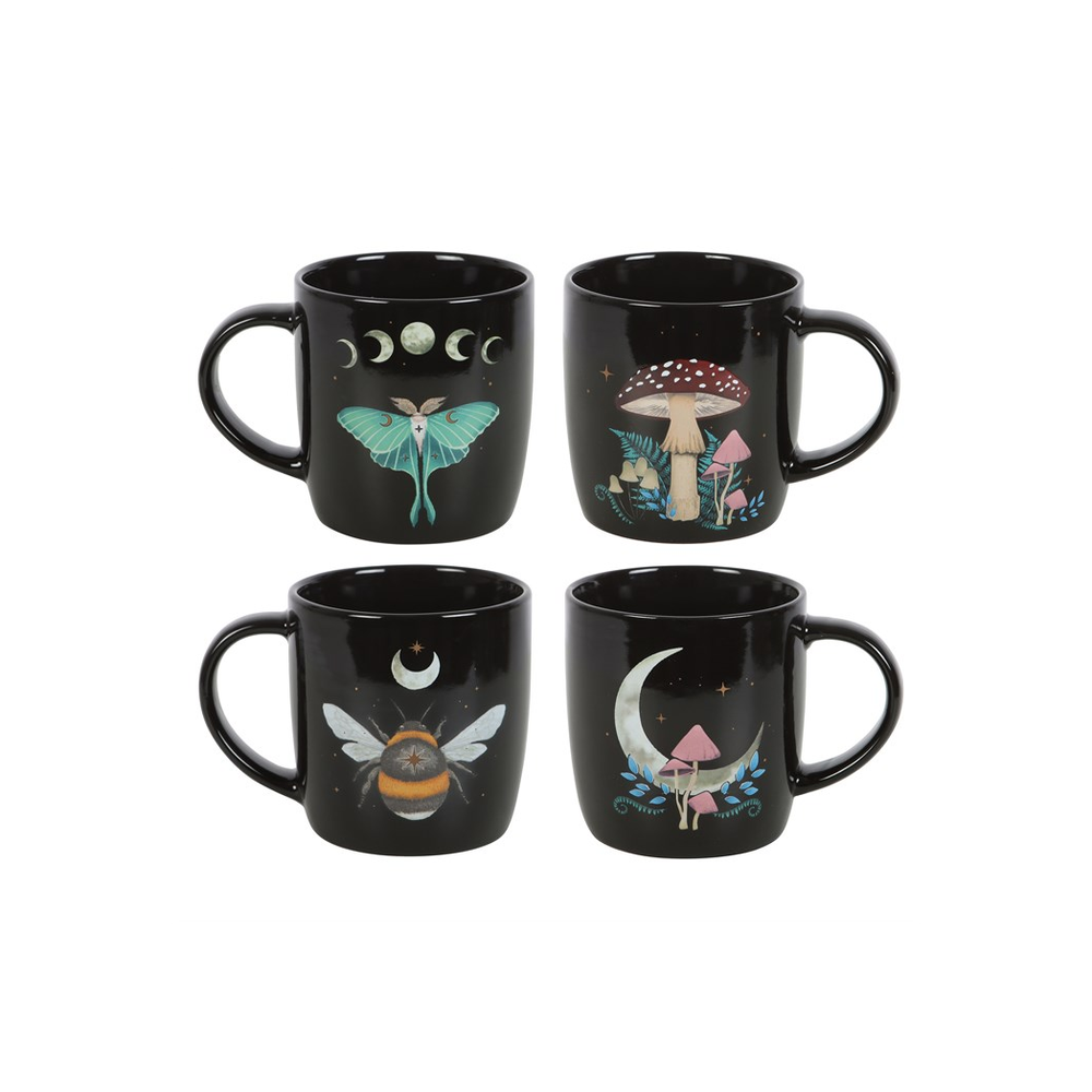 Set of 4 Dark Forest Mugs This set of four mugs is perfect for anyone who wants to fill their home with practical yet distinctive pieces which bring joy when used. Featuring a different design including a luna moth, toadstools and a bee, each design is accented with moon and star details adding a touch of celestial wonder. Presented in a matching box, this set of mugs makes a perfect gift. Free UK delivery from Fandomonium