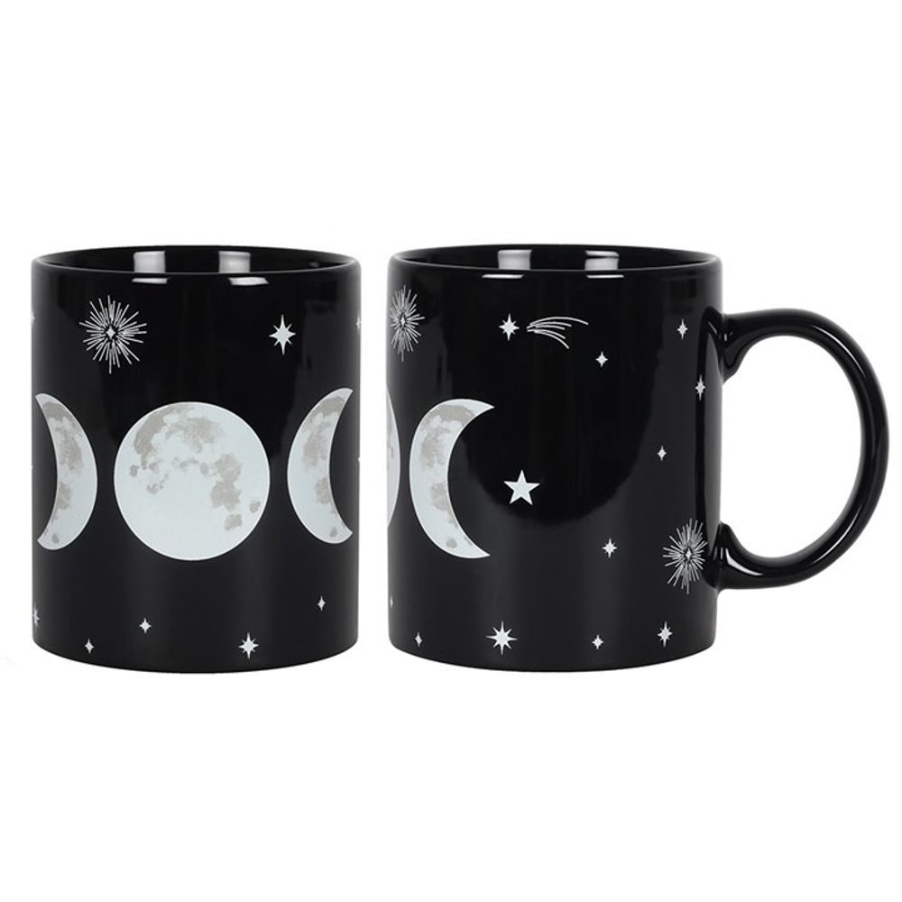 Triple Moon Ceramic Mug A ceramic mug featuring a mystical Triple Moon design surrounded by twinkling stars. The Triple Moon symbolises the waxing, full and waning moon phases of the Triple Goddess (the Maiden, the Mother and the Crone, also known as the Divine feminine).