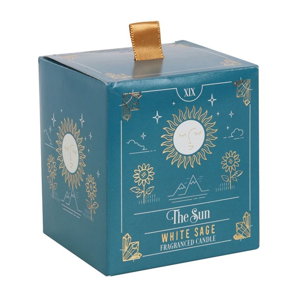 The Sun White Sage Tarot Candle Presented in a green glass jar with a metallic gold lid, this white sage scented candle looks just as amazing as it smells. The candle has a tarot design of 'The Sun' card giving it a mystical style. Comes in its own decorative box making and ideal gift idea. Free UK delivery by Fandomonium
