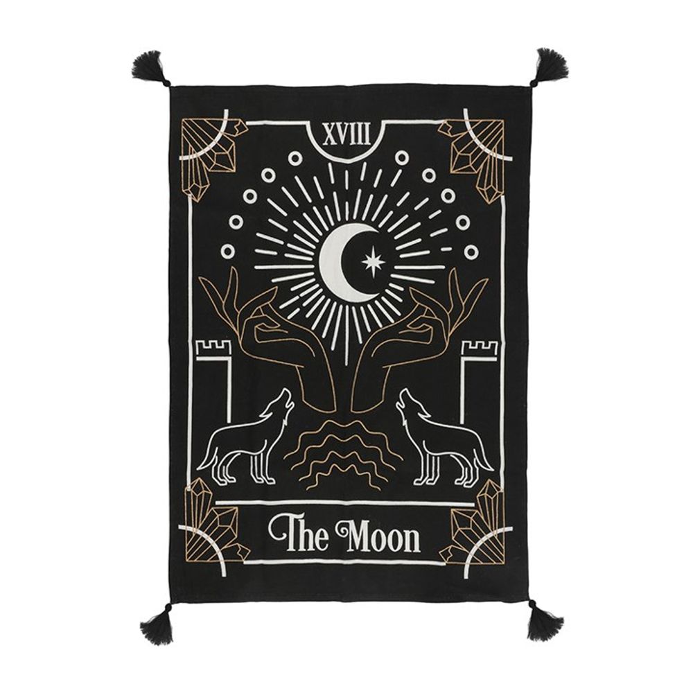 Small Moon Tarot Card Wall Tapestry Create a statement with this tarot inspired tapestry depicting a design reflecting 'The Moon' card. Metallic gold and white ensure the design stands out and tassel corner details give this piece a premium feel. Free UK delivery with Fandomonium