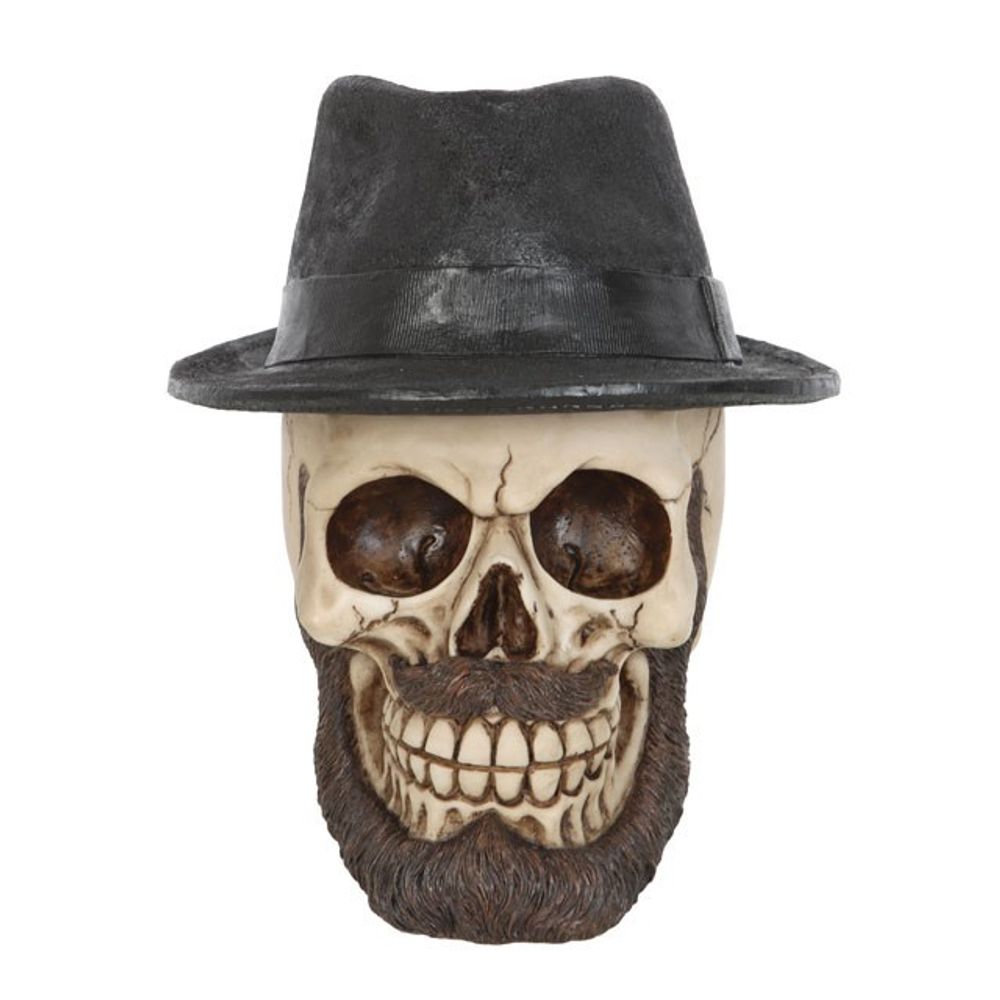 Skull Ornament with Trilby Hat This realistic resin skull ornament wears a classic trilby hat accented by an impressive beard and moustache. Highly detailed with hand painted details, this eye-catching figurine will be a welcome addition to any gothic skull collection. Free UK delivery by Fandomonium