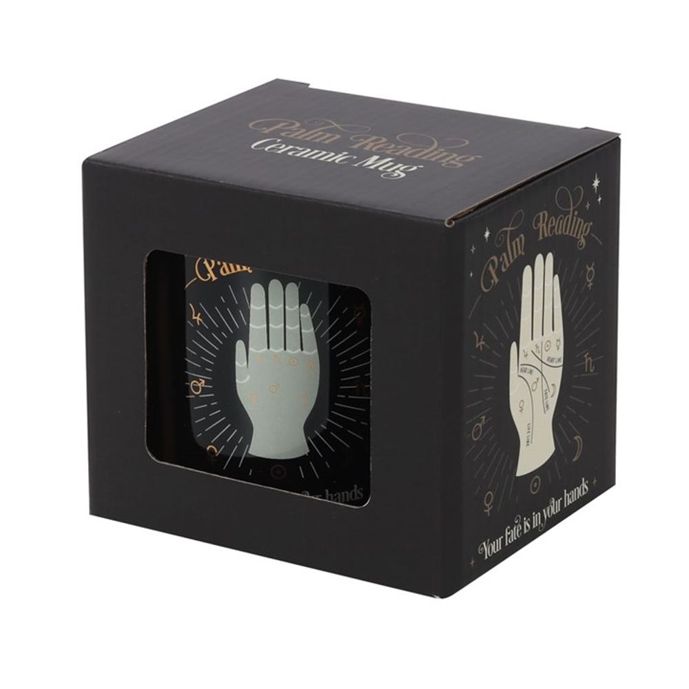 Palm Reading Mug Stylish black mug with a stunning mystical fortune telling design, metallic gold details and the words 'Your fate is in your hands'. Free UK delivery by Fandomonium