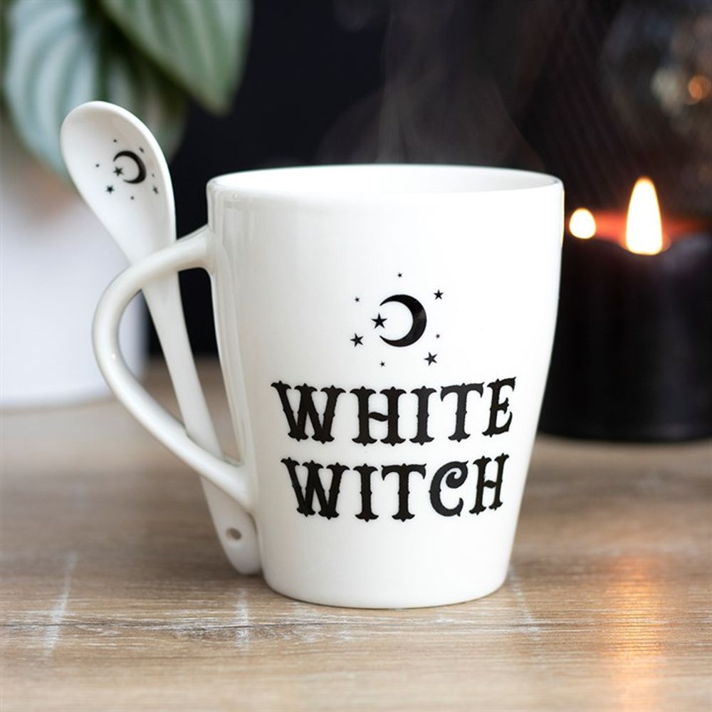White Witch Mug and Spoon Set This bewitching ceramic mug and spoon set will add a pinch of magic to every cuppa. Style features 'White Witch' text and matching teaspoon with a mystical moon and star design that fits perfectly in a slotted handle.