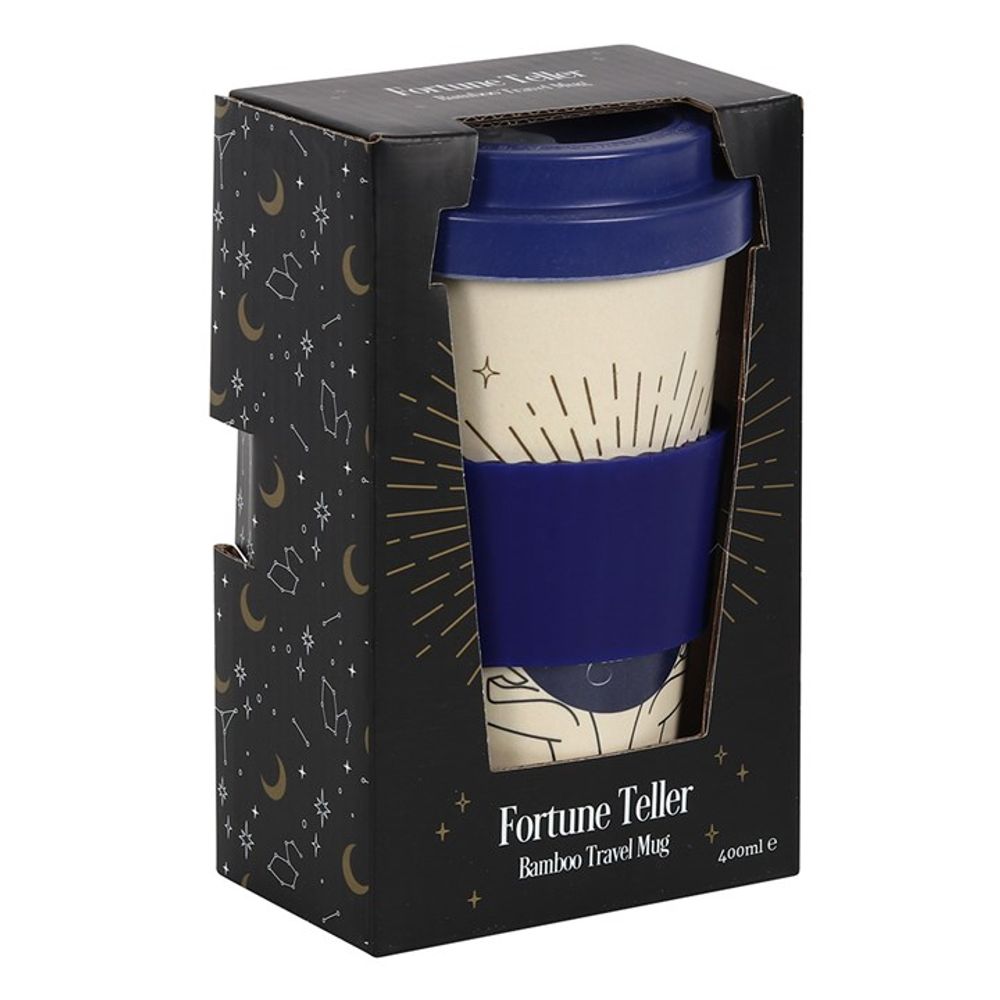 Fortune Teller Bamboo Eco Travel Mug This eco-friendly, reusable travel mug is made out of durable bamboo fibre and comes with a matching silicone sleeve and lid for keeping hydrated (and caffeinated) on the go. This style features a mystical fortune teller design with 'The Future is in Your Hands' text. Free UK Delivery by Fandomonium