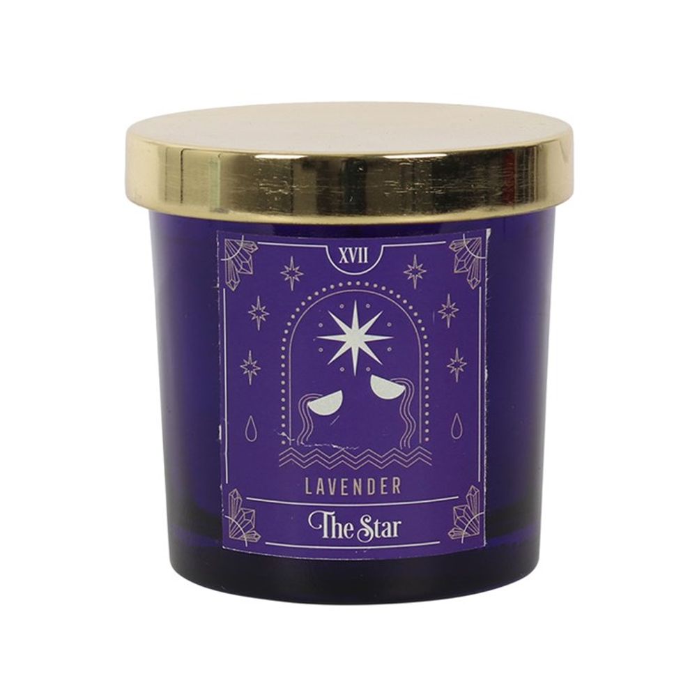 The Star Lavender Tarot Candle Presented in a purple glass jar with a metallic gold lid, this lavender scented candle looks just as amazing as it smells. The candle has a tarot design of 'The Star' card giving it a mystical style. Free UK delivery by Fandomonium