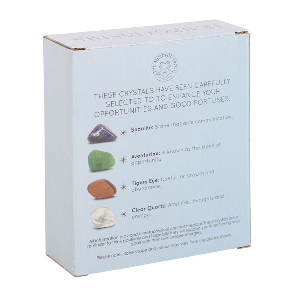 Success Healing Crystal Set with Moon Trinket Dish This stunning set of healing crystals comes with four crystal tumblestones to help attract prosperity and success. Includes a crescent moon trinket dish, matching information card and a printed drawstring, making this a meaningful gift for those in need of some extra care. Stones include; sodalite, aventurine, tiger's eye and clear quartz. Free UK delivery by Fandomonium