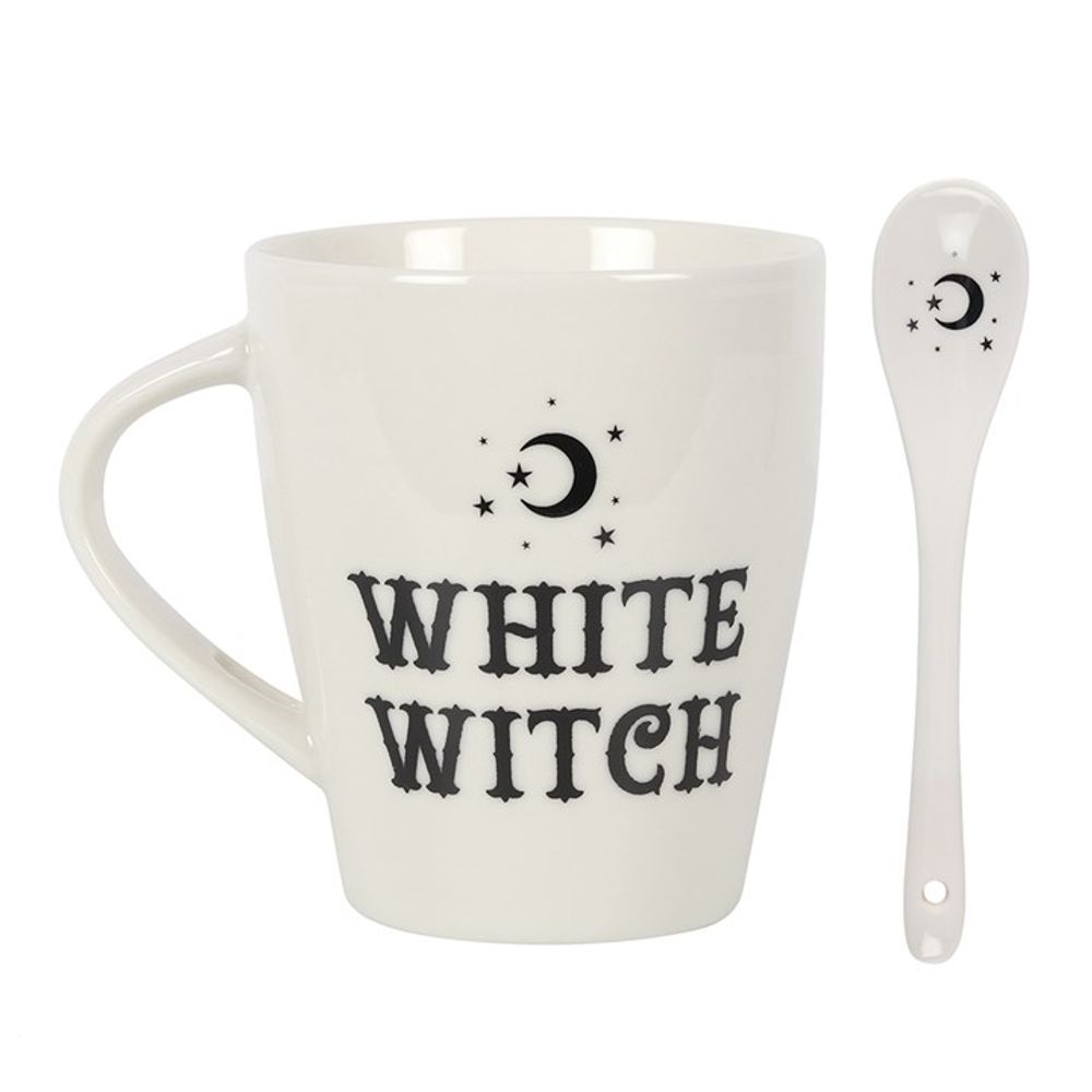 White Witch Mug and Spoon Set This bewitching ceramic mug and spoon set will add a pinch of magic to every cuppa. Style features 'White Witch' text and matching teaspoon with a mystical moon and star design that fits perfectly in a slotted handle.