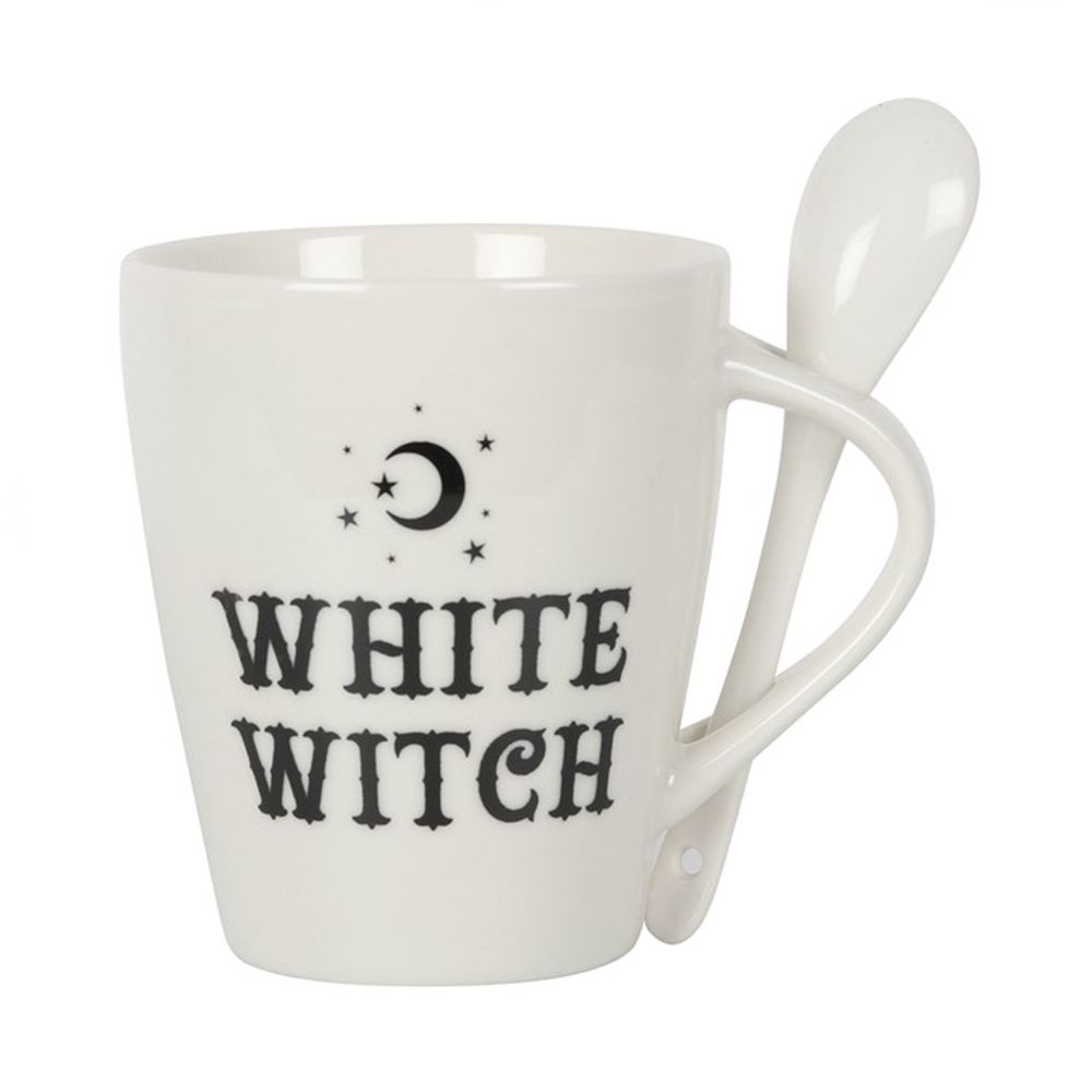 White Witch Mug and Spoon Set This bewitching ceramic mug and spoon set will add a pinch of magic to every cuppa. Style features 'White Witch' text and matching teaspoon with a mystical moon and star design that fits perfectly in a slotted handle.