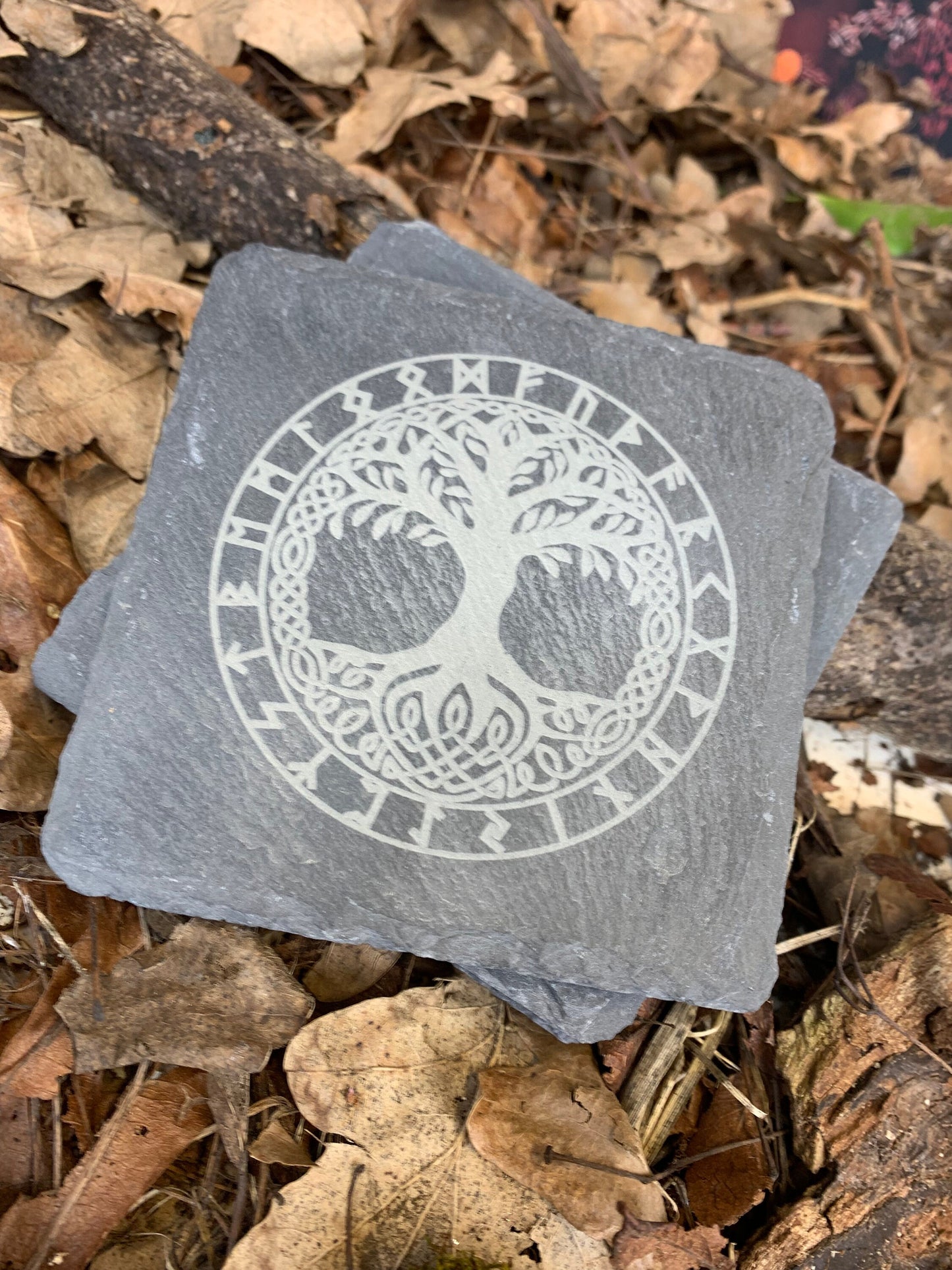 Solid slate engraved coaster. Engraved with the Yggdrasil, the Norse Tree Of Life. This coaster is perfect for fans of Norse Mythology and Viking culture.