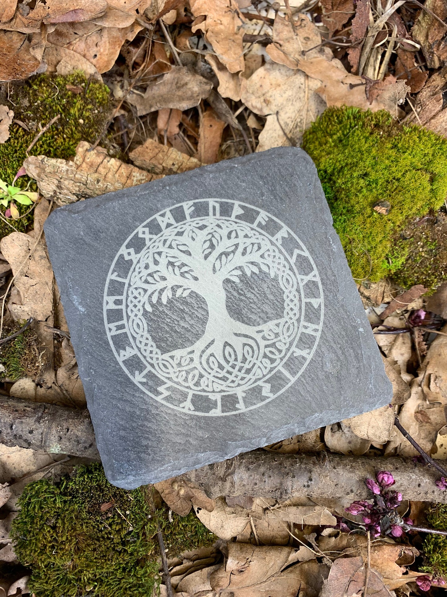 Solid slate engraved coaster. Engraved with the Yggdrasil, the Norse Tree Of Life. This coaster is perfect for fans of Norse Mythology and Viking culture.