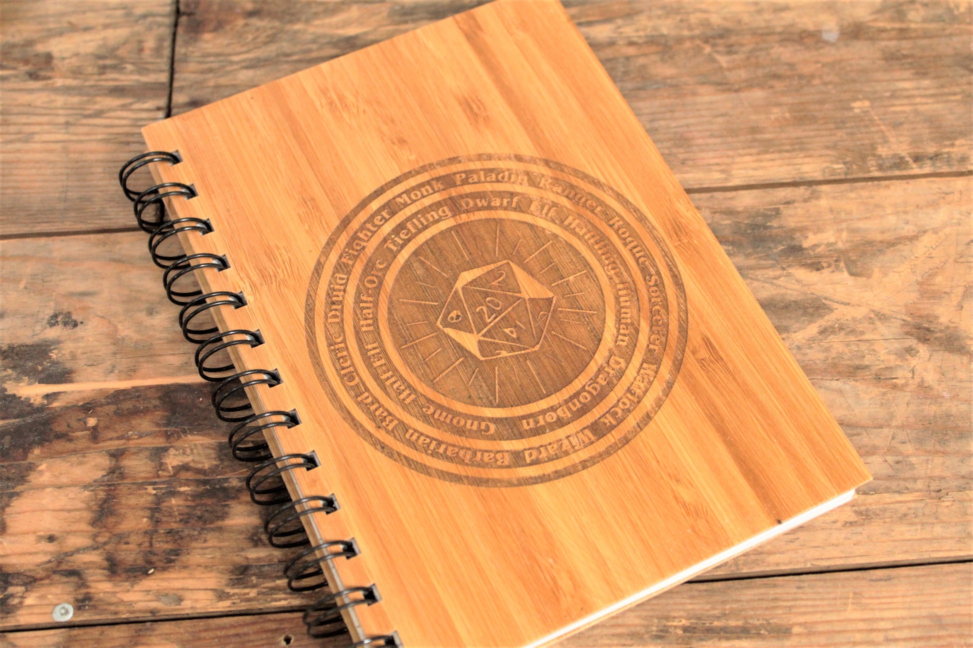 D20 Character Wheel Engraved Bamboo Notebook - By Fandomonium